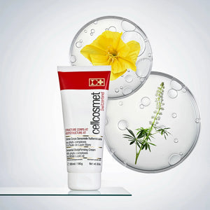 Cellcosmet BodyStructure-XT 200ml with pictures of key ingredients including White Lupin Oil and Unsaponifiable Wheatgerm Oil Complex.